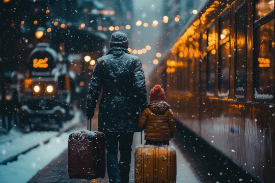 A man walking down the street with luggage.