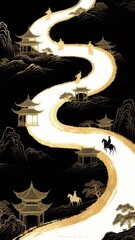 ゴールデンピクセルアートの蛇行する道と東洋の建物