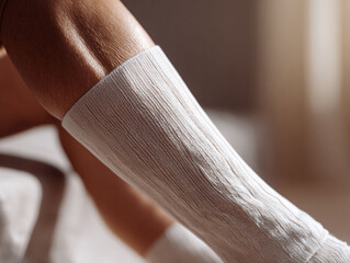 Closeup of a dancers leg warmer, symbolizing preparation, performance, or athletic dedication. Could represent warmth, comfort, or the beginning of physical activity.