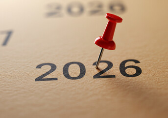 Future planning image showing a vibrant red pushpin placed directly onto the bold number 2026.