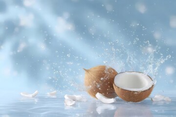 輝く水しぶきの中の割れたココナッツと背景
