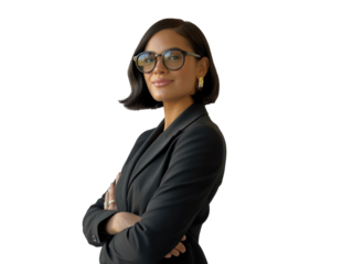 Confident businesswoman with glasses and arms crossed isolated on transparent background