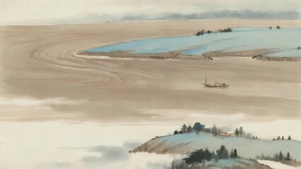 淡い色調の川と丘の風景水彩画