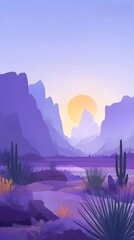 紫の風景 ピクセルアート 山とサボテンのある砂漠