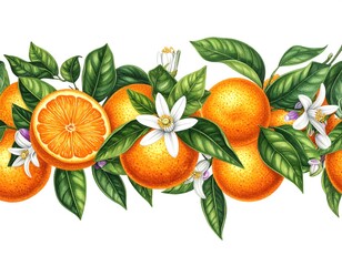 Decorative horizontal border of oranges, blossoms, and leaves