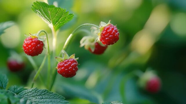 A close-up view of ripe raspberries growing on a bush