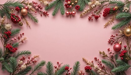 Holiday Wreath Border with Ornaments and Pinecones on Pink Background – Festive Christmas Frame