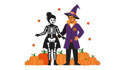 Halloween Couple Among Pumpkins: A couple in costumes, she is in skeleton and he is in witch suit, stands amongst pumpkins, a vibrant and festive Halloween scene. 