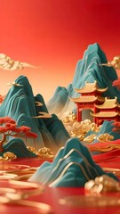 赤い空の下の緑の山々と日本の建造物