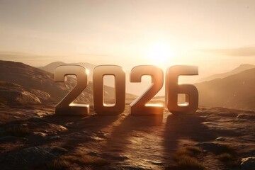 黄金色の2026年 数字 山の景色 夕焼けの空