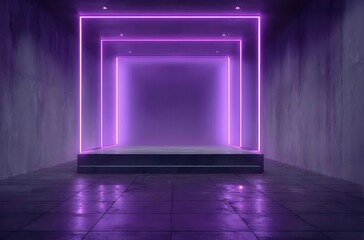 紫のネオン輝くコンクリートの廊下のプラットフォーム