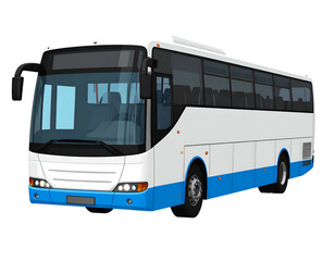 A side view of a large, white and blue public transportation vehicle on a black bg