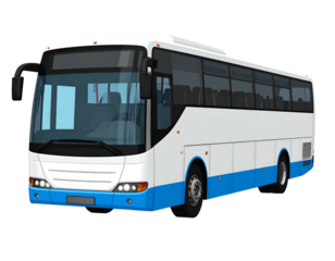 A side view of a large, white and blue public transportation vehicle on a black bg
