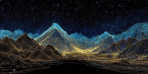 輝く星空の下の抽象的な山脈の風景