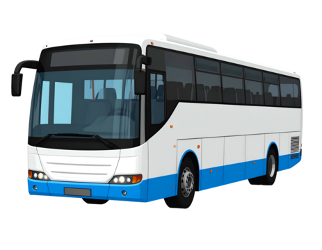 A side view of a large, white and blue public transportation vehicle on a black bg