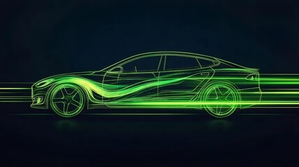 緑色のデジタル光跡を持つ自動車のサイドビュー