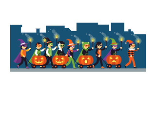 Halloween Parade of Delights: An illustrated depiction of costumed children, each radiating festive cheer and carrying glowing torches and carved pumpkins, parade along a silhouette city backdrop.
