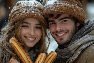Couple holding hot dogs in snow.