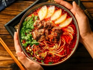 手で持っているスパイシーな牛肉麺と梨スライス