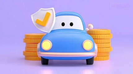 青い車の漫画のキャラクターと金のコインのスタック