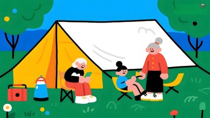 家族のキャンプ 黄色のテントと緑の風景のイラスト