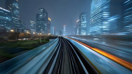 夜の都会の鉄道 列車軌道と高層ビル群の光跡