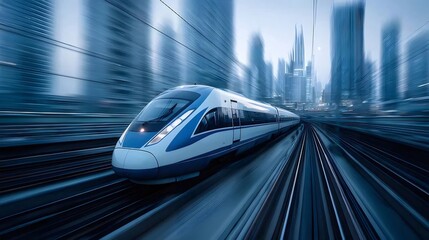 青と白の高速列車が都市の風景を駆け抜ける