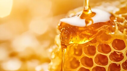 ゴールデンハニカムから蜂蜜が滴るクローズアップショット