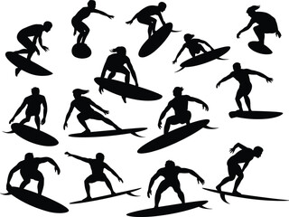 Surfer Silhouettes in Motion, Dynamic Surfboard Poses, Ocean Wave Riders, Extreme Sport Icons, Beach Lifestyle, Water Adventure, Minimalist Black Design