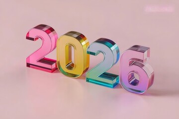 光沢のあるカラフルな2026年の数字が淡いピンクの背景に
