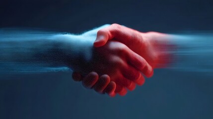 赤いデジタル化された握手のクローズアップ暗い背景