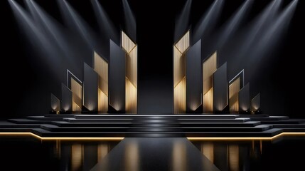黒と金の抽象的な幾何学的なステージ背景のスポットライト