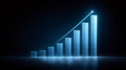青色の抽象的な上昇棒グラフと光る矢印線