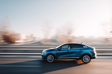 Blue crossover SUV driving on highway