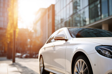 White sedan car near office building