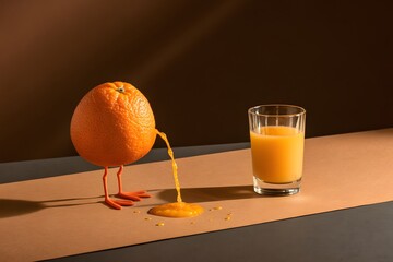 Orange with legs pouring juice into a glass fruit