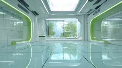 光沢のある白と緑の未来的な廊下自然光