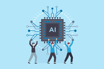 Team of people working together to build and connect a large ai computer chip