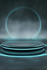 青色ネオンライトの抽象的な円形背景と幾何学的な形