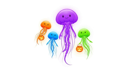 Jellyfish Gathering: a cluster of cartoon jellyfish, each a vibrant splash of color, with adorable features and friendly demeanor, creating a cheerful underwater scene.
