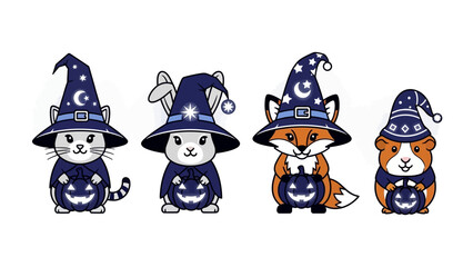 Whimsical Halloween Friends: A quartet of adorable animal characters, each adorned in witch hats and pumpkin motifs, set against a clean background, ideal for holiday-themed projects and designs.