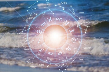 Zodiac signs astrology horoscopes image on sea background