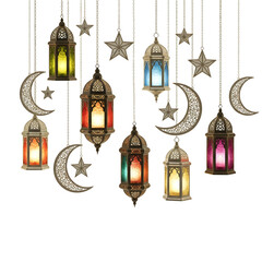 Obraz premium Ramadan, lanterns on chains with crescent moon and stars, isolated on a transparent background