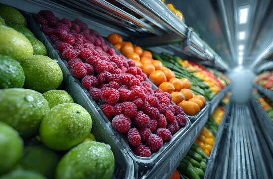 Refrigerated truck trailer displays bountiful fresh fruits, vegetables inside modern warehouse. Emphasizes efficient food logistics, cold chain delivery, produce distribution. Promotes healthy