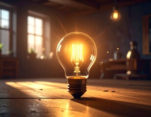 Glowing Vintage Filament Light Bulb on a Dark Background with Window Light 