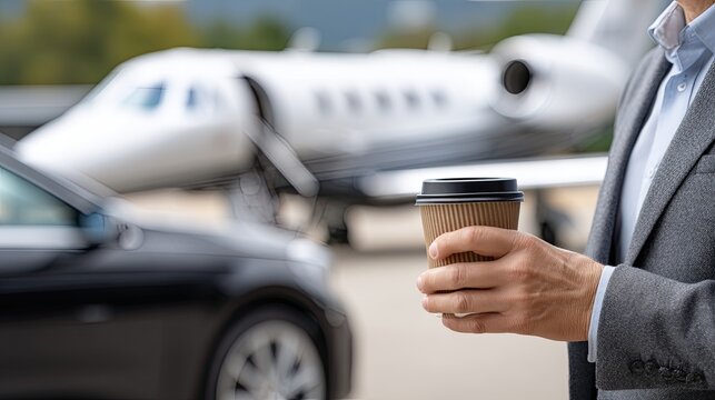 A young man in a suit holds a coffee cup, standing confidently near a private jet, ready for travel and business
