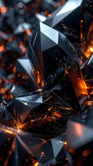 Close-up view of intricate, dark crystals with fiery highlights