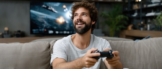 Enthusiastic teenager plays video games at home, surrounded by snacks and captivated by the thrilling visuals on the large screen