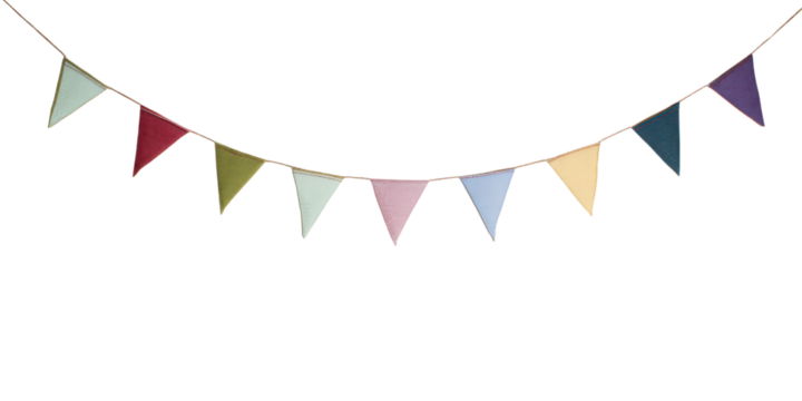 Colorful triangular fabric bunting flags strung on a cord Keywords: bunting, flags, banner, garland isolated on a transparent background