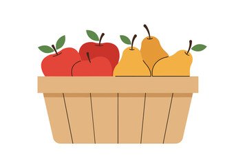 Harvesting fresh fruits colorful apples and pears in a wooden basket kitchen setting minimalist design